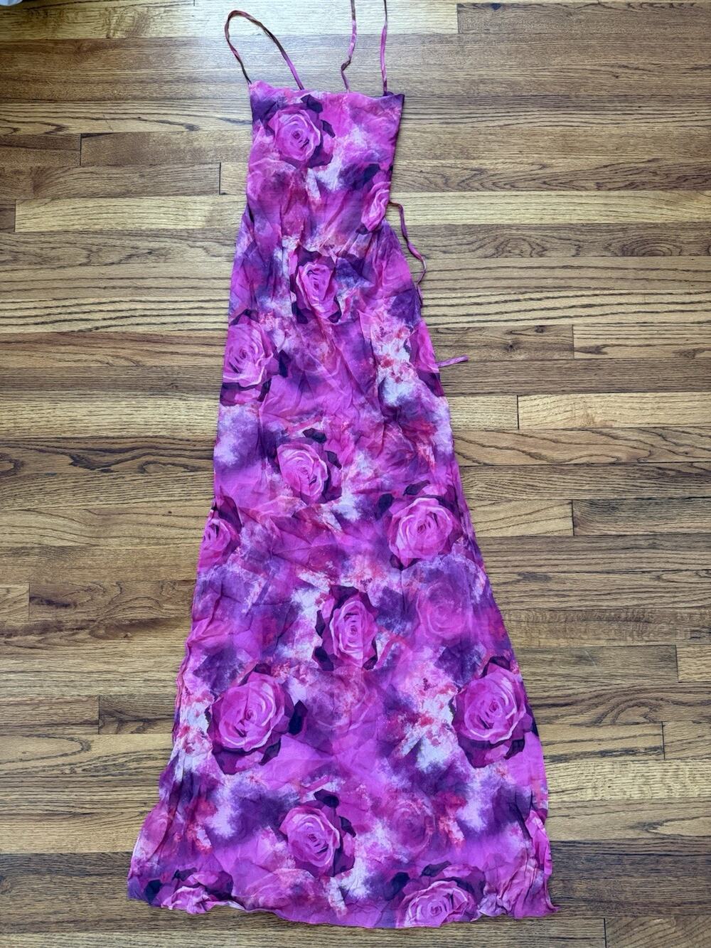 Kim Shui Pink Purple Rose Print Sheer Chiffon Open Back Lace Up Maxi Dress XS